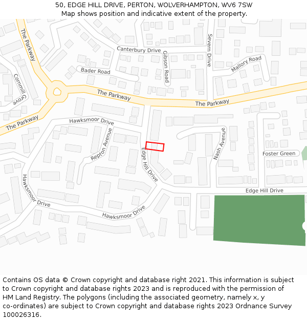 50, EDGE HILL DRIVE, PERTON, WOLVERHAMPTON, WV6 7SW: Location map and indicative extent of plot