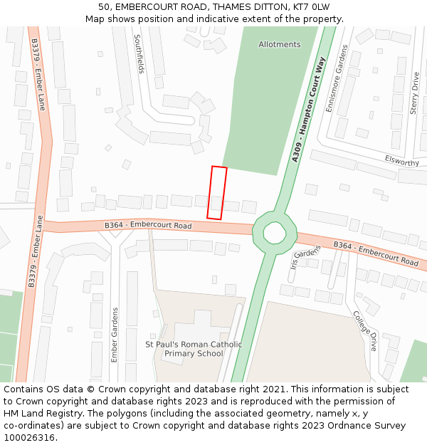 50, EMBERCOURT ROAD, THAMES DITTON, KT7 0LW: Location map and indicative extent of plot