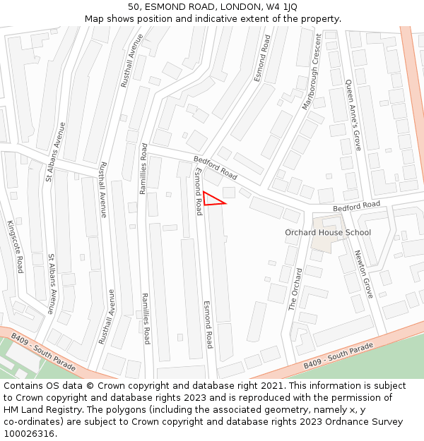 50, ESMOND ROAD, LONDON, W4 1JQ: Location map and indicative extent of plot
