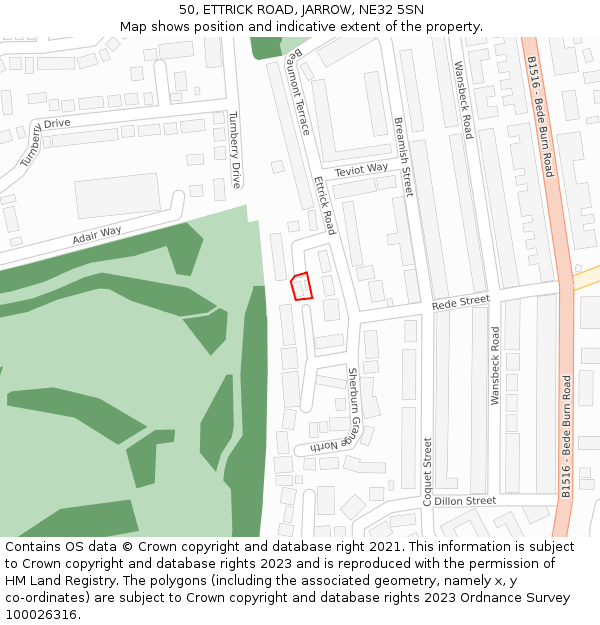 50, ETTRICK ROAD, JARROW, NE32 5SN: Location map and indicative extent of plot