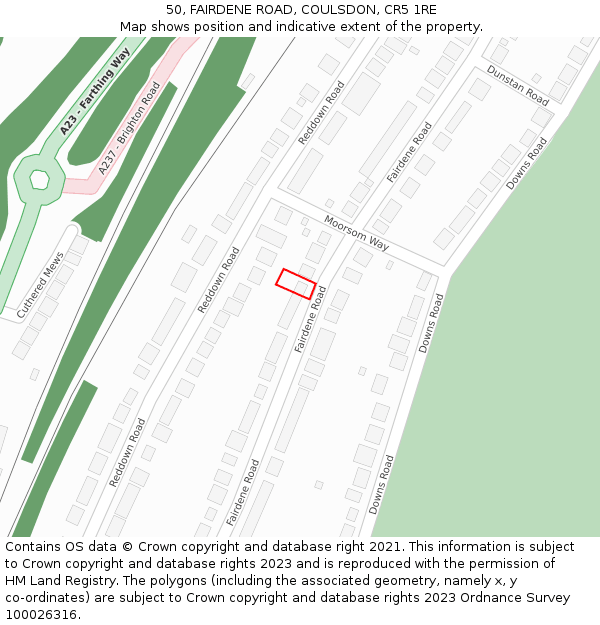 50, FAIRDENE ROAD, COULSDON, CR5 1RE: Location map and indicative extent of plot