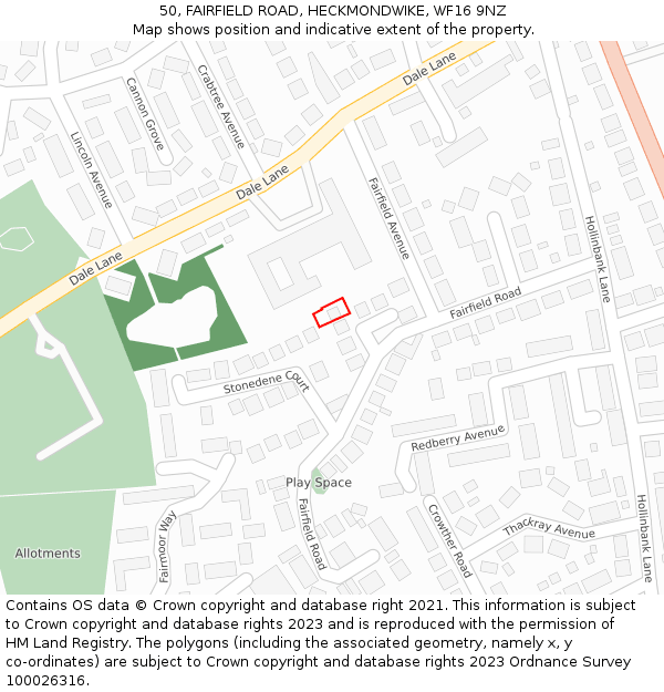 50, FAIRFIELD ROAD, HECKMONDWIKE, WF16 9NZ: Location map and indicative extent of plot