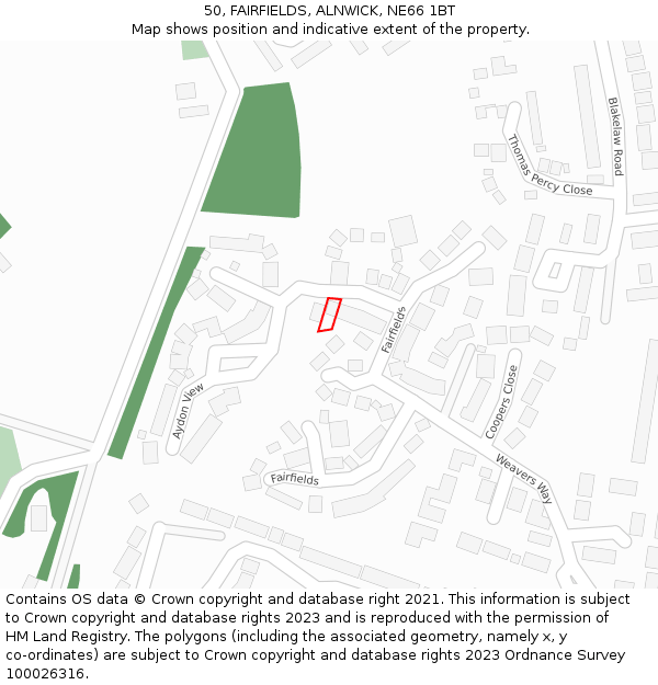 50, FAIRFIELDS, ALNWICK, NE66 1BT: Location map and indicative extent of plot