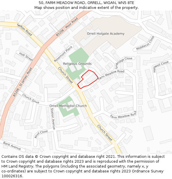 50, FARM MEADOW ROAD, ORRELL, WIGAN, WN5 8TE: Location map and indicative extent of plot