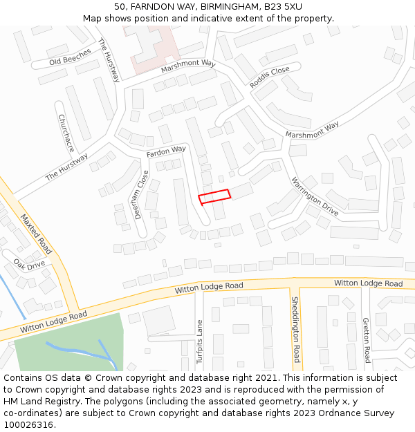 50, FARNDON WAY, BIRMINGHAM, B23 5XU: Location map and indicative extent of plot