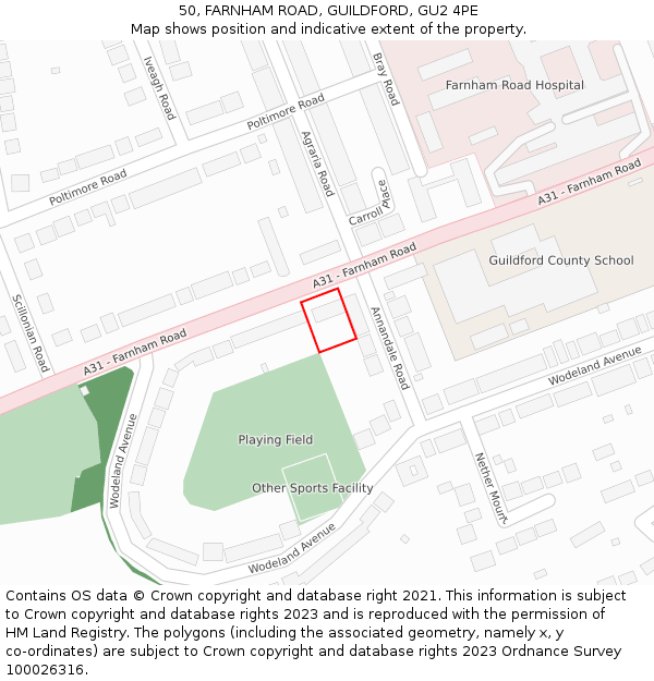 50, FARNHAM ROAD, GUILDFORD, GU2 4PE: Location map and indicative extent of plot