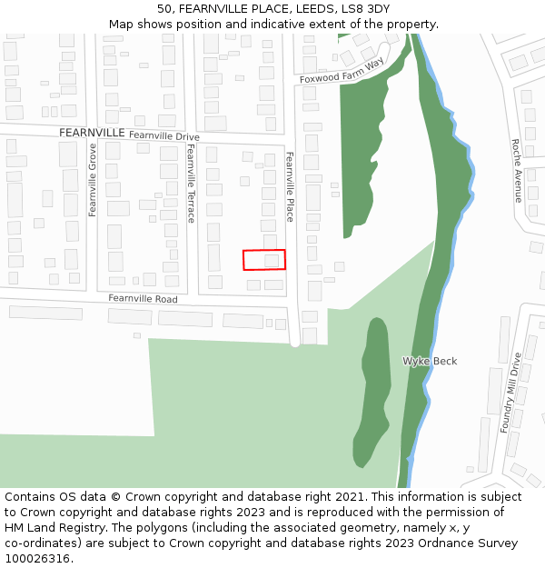 50, FEARNVILLE PLACE, LEEDS, LS8 3DY: Location map and indicative extent of plot