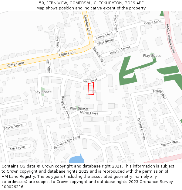 50, FERN VIEW, GOMERSAL, CLECKHEATON, BD19 4PE: Location map and indicative extent of plot