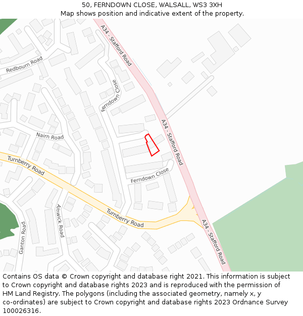 50, FERNDOWN CLOSE, WALSALL, WS3 3XH: Location map and indicative extent of plot