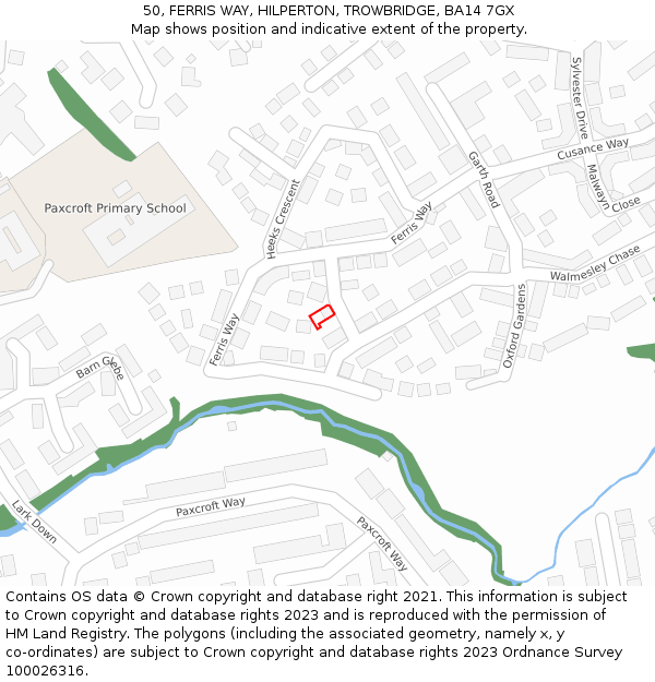 50, FERRIS WAY, HILPERTON, TROWBRIDGE, BA14 7GX: Location map and indicative extent of plot