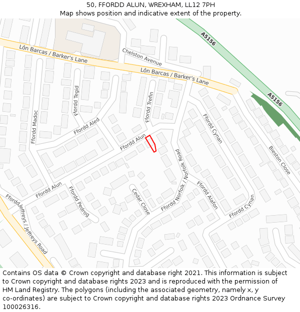 50, FFORDD ALUN, WREXHAM, LL12 7PH: Location map and indicative extent of plot
