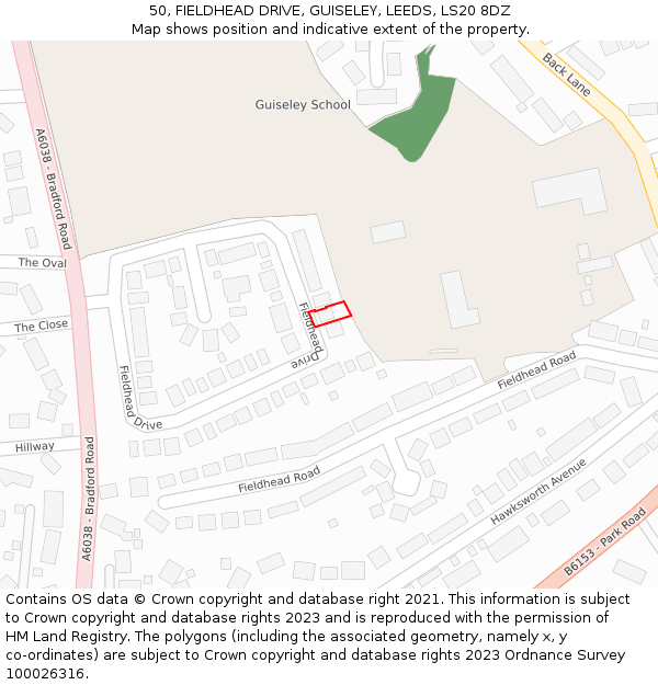 50, FIELDHEAD DRIVE, GUISELEY, LEEDS, LS20 8DZ: Location map and indicative extent of plot