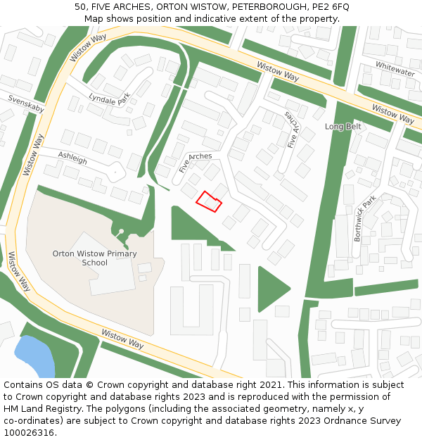 50, FIVE ARCHES, ORTON WISTOW, PETERBOROUGH, PE2 6FQ: Location map and indicative extent of plot