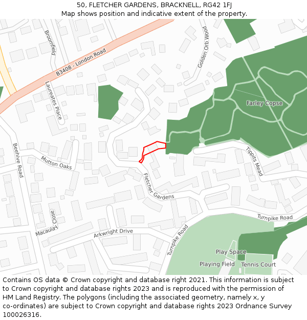 50, FLETCHER GARDENS, BRACKNELL, RG42 1FJ: Location map and indicative extent of plot