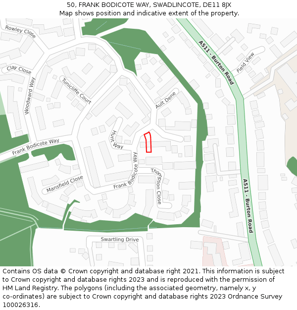 50, FRANK BODICOTE WAY, SWADLINCOTE, DE11 8JX: Location map and indicative extent of plot