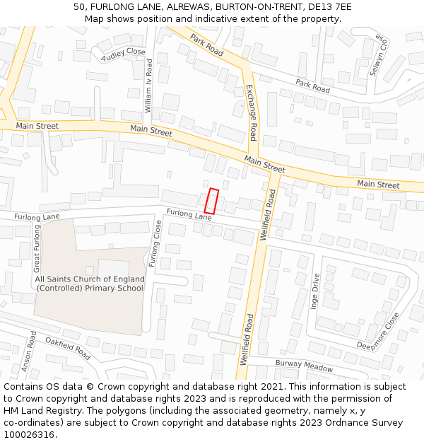 50, FURLONG LANE, ALREWAS, BURTON-ON-TRENT, DE13 7EE: Location map and indicative extent of plot