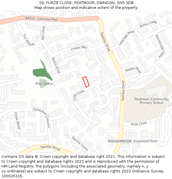 50, FURZE CLOSE, PEATMOOR, SWINDON, SN5 5DB: Location map and indicative extent of plot