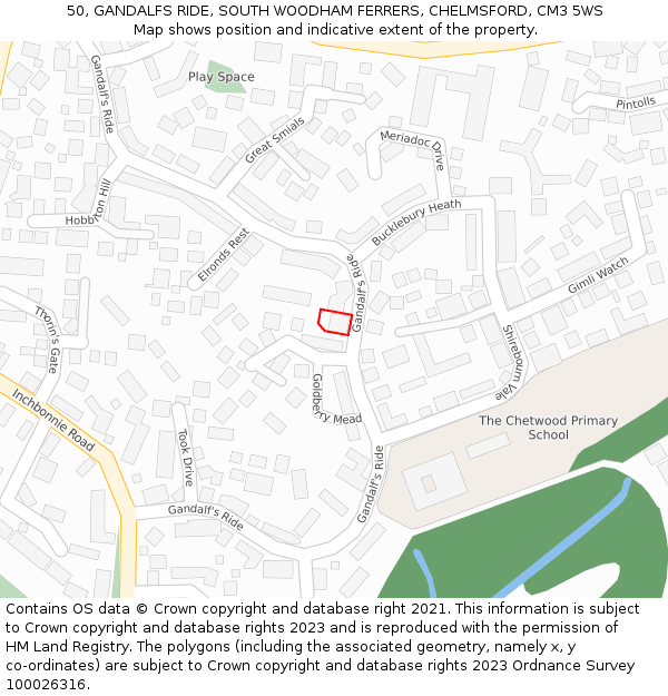 50, GANDALFS RIDE, SOUTH WOODHAM FERRERS, CHELMSFORD, CM3 5WS: Location map and indicative extent of plot