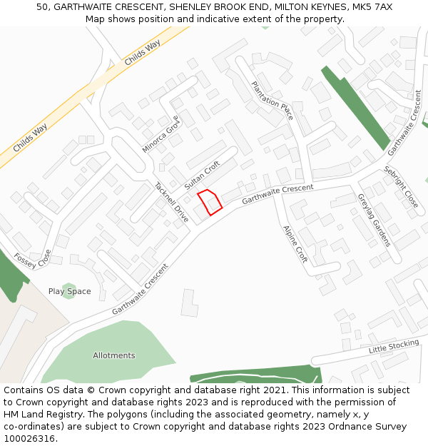 50, GARTHWAITE CRESCENT, SHENLEY BROOK END, MILTON KEYNES, MK5 7AX: Location map and indicative extent of plot