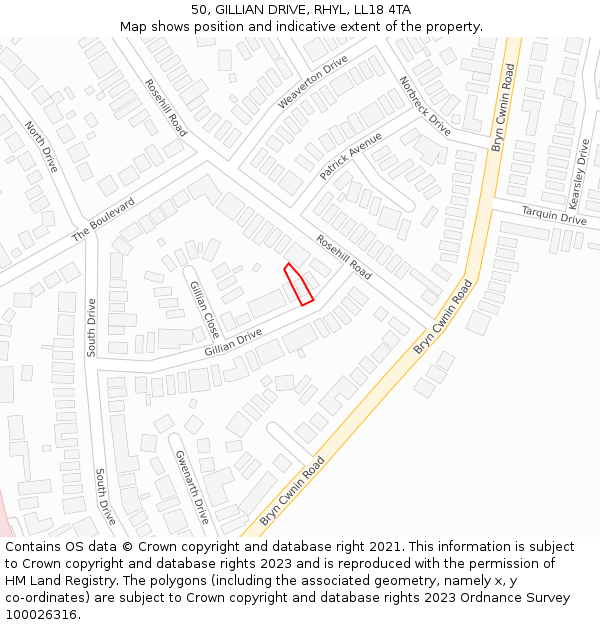 50, GILLIAN DRIVE, RHYL, LL18 4TA: Location map and indicative extent of plot