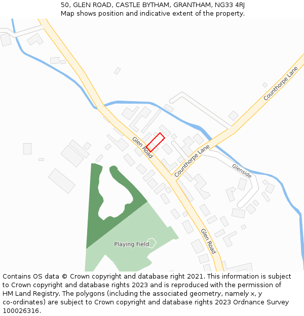 50, GLEN ROAD, CASTLE BYTHAM, GRANTHAM, NG33 4RJ: Location map and indicative extent of plot