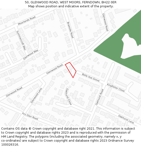 50, GLENWOOD ROAD, WEST MOORS, FERNDOWN, BH22 0ER: Location map and indicative extent of plot