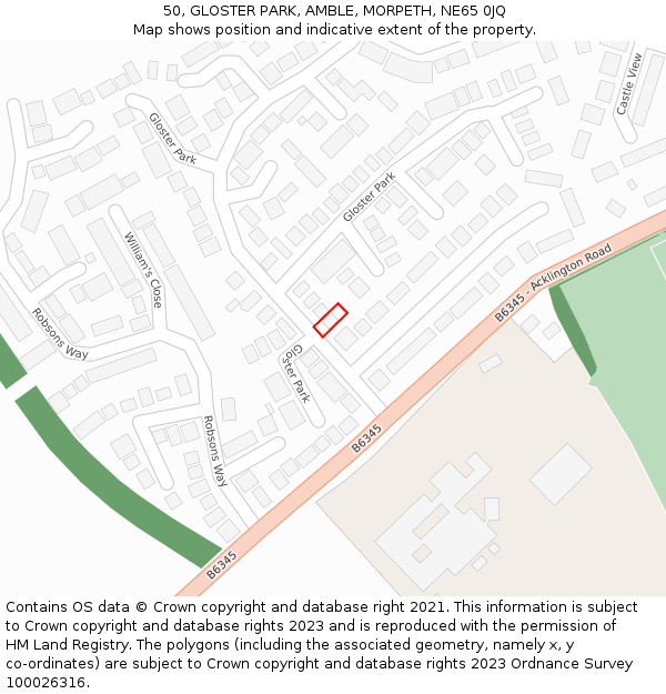 50, GLOSTER PARK, AMBLE, MORPETH, NE65 0JQ: Location map and indicative extent of plot