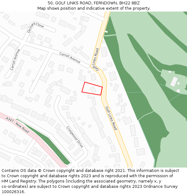 50, GOLF LINKS ROAD, FERNDOWN, BH22 8BZ: Location map and indicative extent of plot