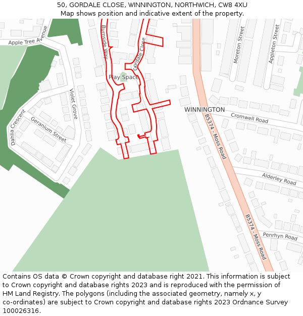 50, GORDALE CLOSE, WINNINGTON, NORTHWICH, CW8 4XU: Location map and indicative extent of plot