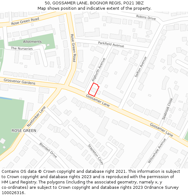 50, GOSSAMER LANE, BOGNOR REGIS, PO21 3BZ: Location map and indicative extent of plot