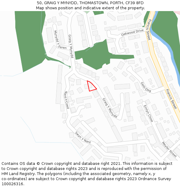50, GRAIG Y MYNYDD, THOMASTOWN, PORTH, CF39 8FD: Location map and indicative extent of plot
