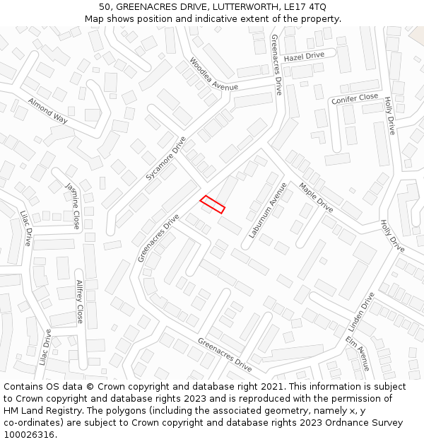 50, GREENACRES DRIVE, LUTTERWORTH, LE17 4TQ: Location map and indicative extent of plot