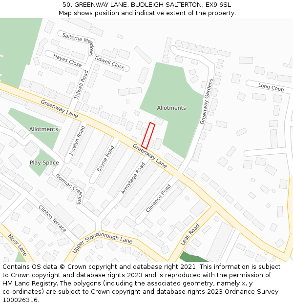 50, GREENWAY LANE, BUDLEIGH SALTERTON, EX9 6SL: Location map and indicative extent of plot