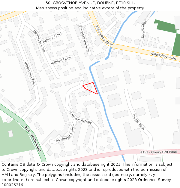 50, GROSVENOR AVENUE, BOURNE, PE10 9HU: Location map and indicative extent of plot