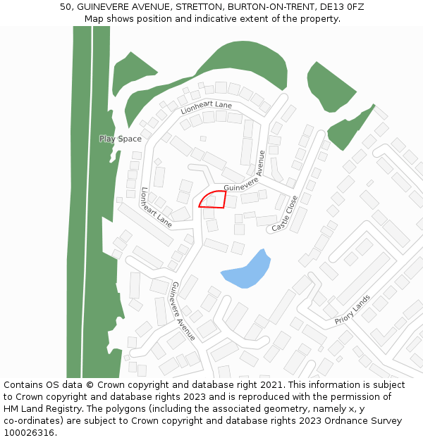50, GUINEVERE AVENUE, STRETTON, BURTON-ON-TRENT, DE13 0FZ: Location map and indicative extent of plot