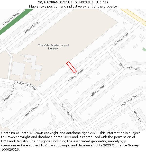 50, HADRIAN AVENUE, DUNSTABLE, LU5 4SP: Location map and indicative extent of plot