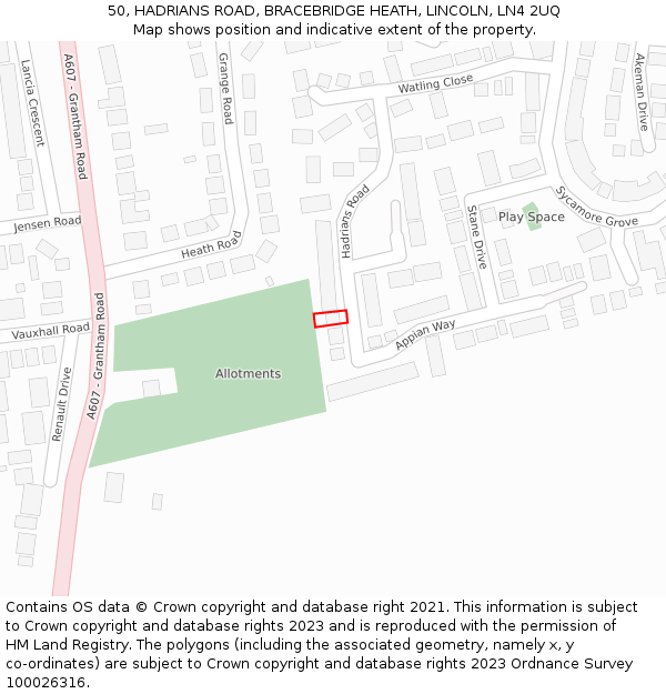 50, HADRIANS ROAD, BRACEBRIDGE HEATH, LINCOLN, LN4 2UQ: Location map and indicative extent of plot