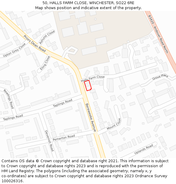 50, HALLS FARM CLOSE, WINCHESTER, SO22 6RE: Location map and indicative extent of plot