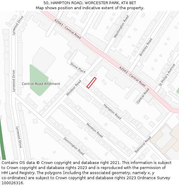 50, HAMPTON ROAD, WORCESTER PARK, KT4 8ET: Location map and indicative extent of plot