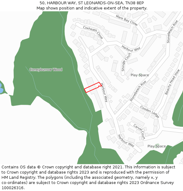 50, HARBOUR WAY, ST LEONARDS-ON-SEA, TN38 8EP: Location map and indicative extent of plot