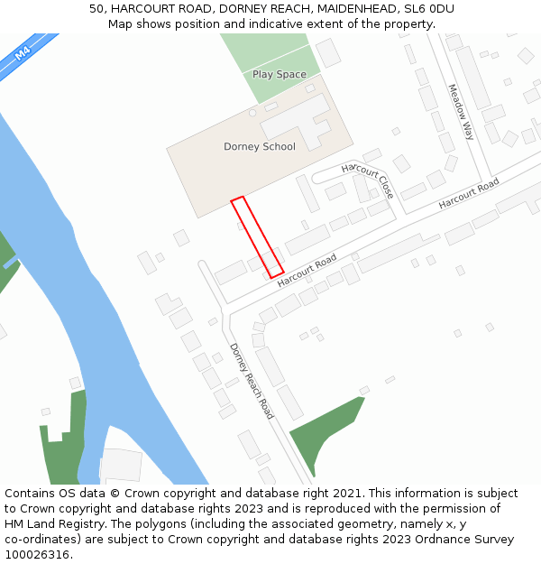 50, HARCOURT ROAD, DORNEY REACH, MAIDENHEAD, SL6 0DU: Location map and indicative extent of plot
