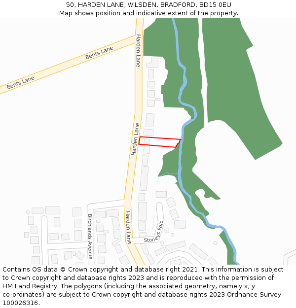 50, HARDEN LANE, WILSDEN, BRADFORD, BD15 0EU: Location map and indicative extent of plot