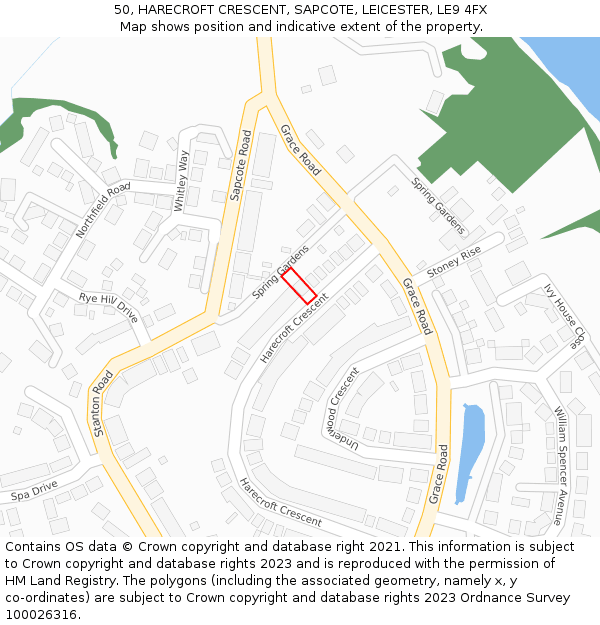 50, HARECROFT CRESCENT, SAPCOTE, LEICESTER, LE9 4FX: Location map and indicative extent of plot