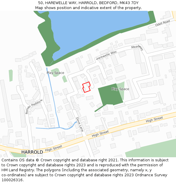 50, HAREWELLE WAY, HARROLD, BEDFORD, MK43 7DY: Location map and indicative extent of plot