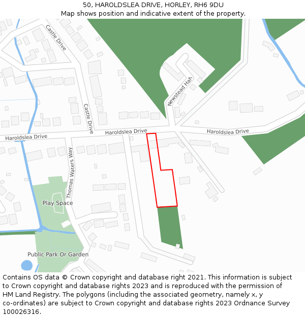 50, HAROLDSLEA DRIVE, HORLEY, RH6 9DU: Location map and indicative extent of plot