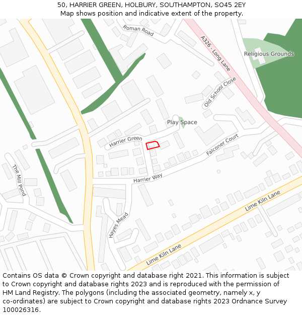 50, HARRIER GREEN, HOLBURY, SOUTHAMPTON, SO45 2EY: Location map and indicative extent of plot