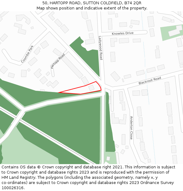 50, HARTOPP ROAD, SUTTON COLDFIELD, B74 2QR: Location map and indicative extent of plot