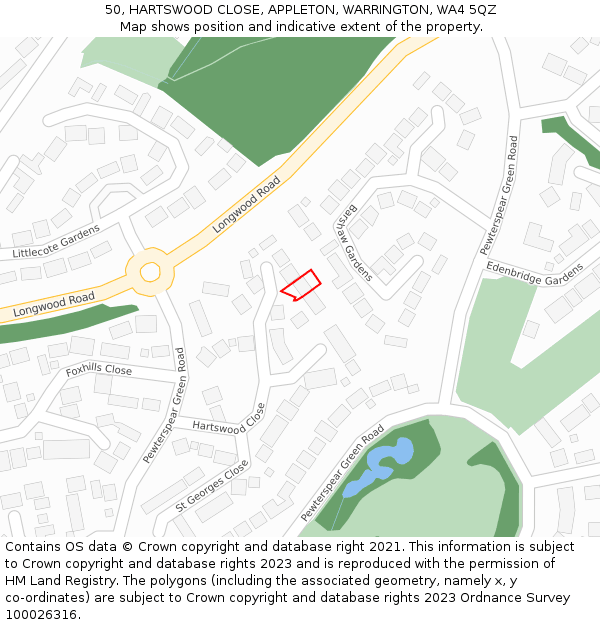 50, HARTSWOOD CLOSE, APPLETON, WARRINGTON, WA4 5QZ: Location map and indicative extent of plot