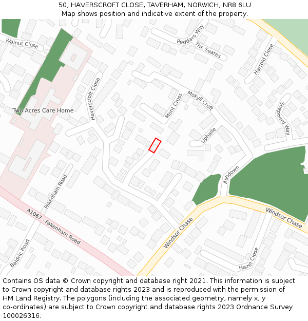 50, HAVERSCROFT CLOSE, TAVERHAM, NORWICH, NR8 6LU: Location map and indicative extent of plot