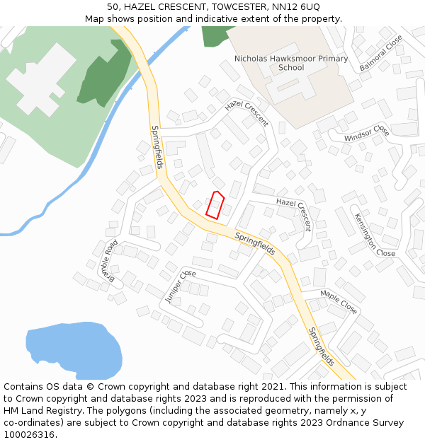 50, HAZEL CRESCENT, TOWCESTER, NN12 6UQ: Location map and indicative extent of plot